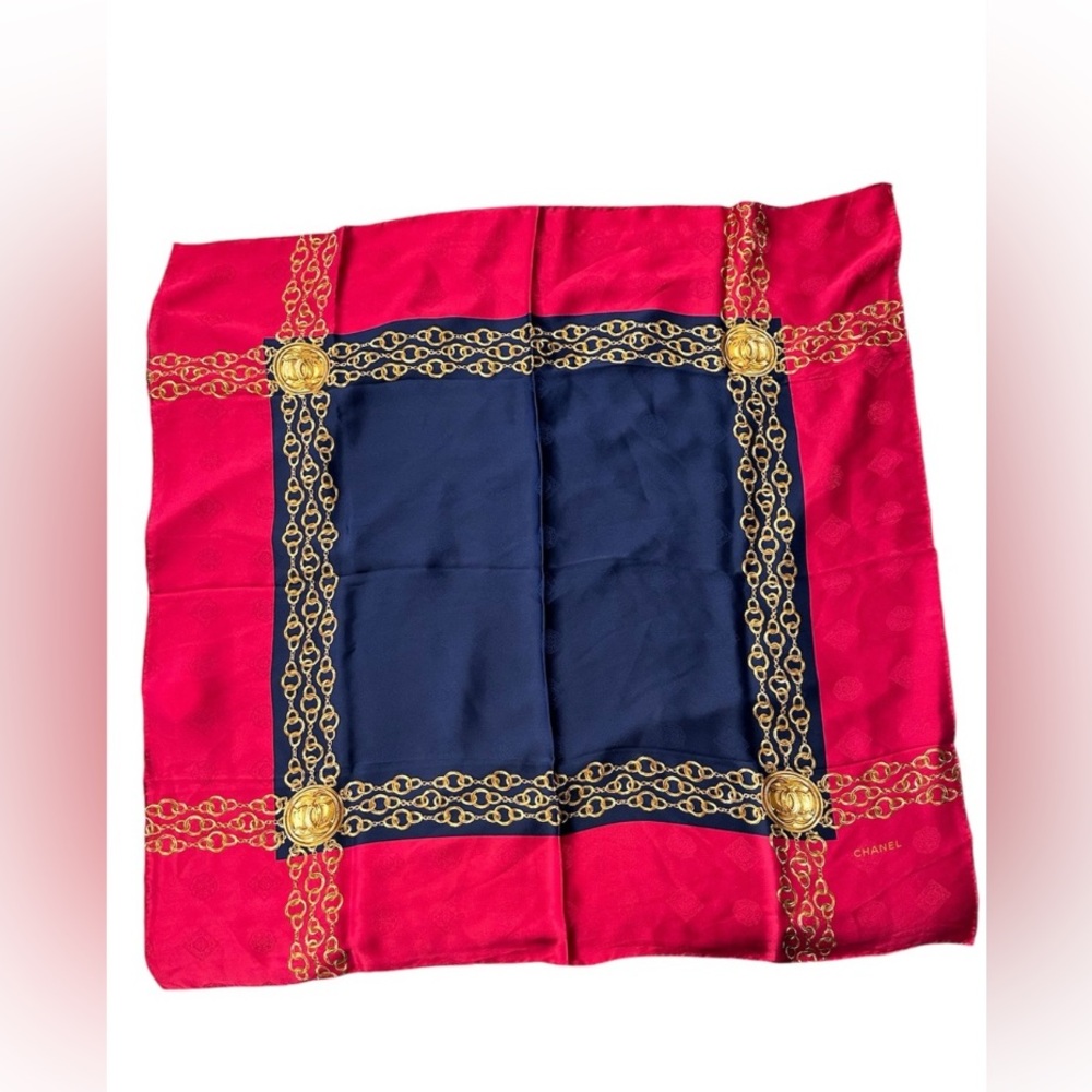 CHANEL Vibrant Red and Navy Scarf with Gold Accent Silk Scarf